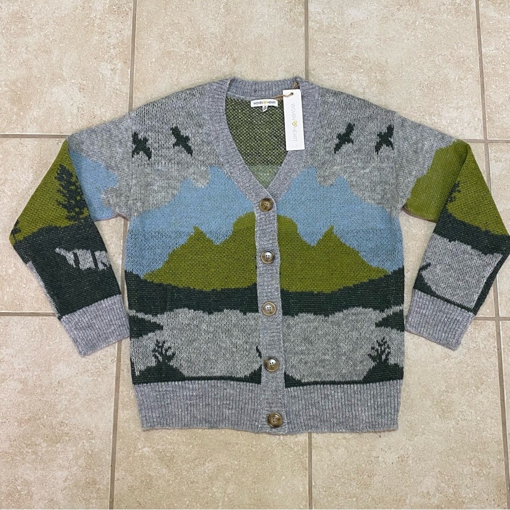Woven Heart Gray and Green Landscape Cardigan